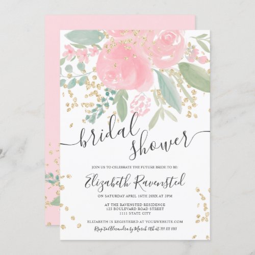 Modern summer pink green floral gold bridal shower invitation
