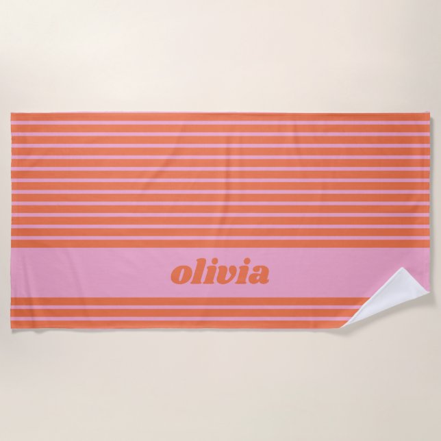 Modern Summer Pink Orange Striped Personalized  Beach Towel (Front)