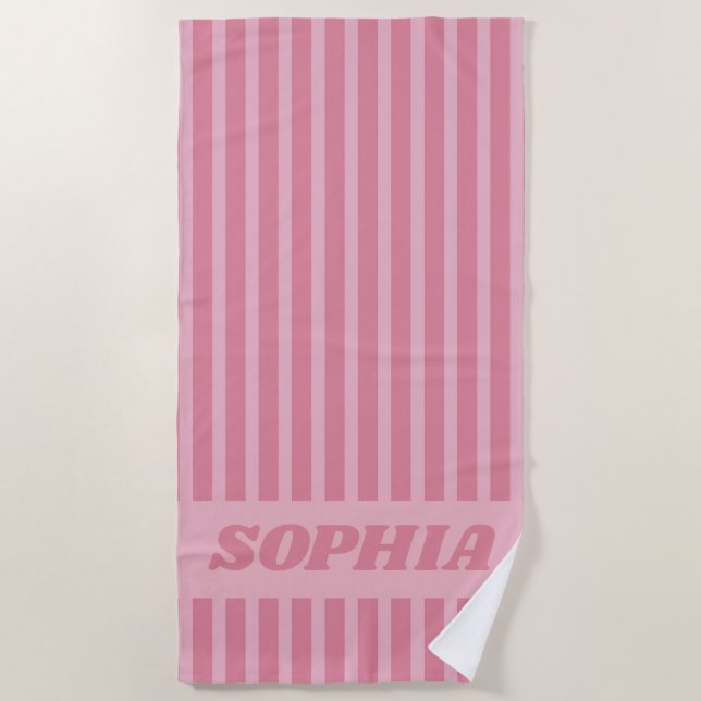 Modern Summer Pink Striped Personalized Beach Towel (Front)