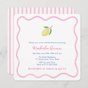 Modern Summer Pink Wavy Border Lemon Bridal Shower Invitation
