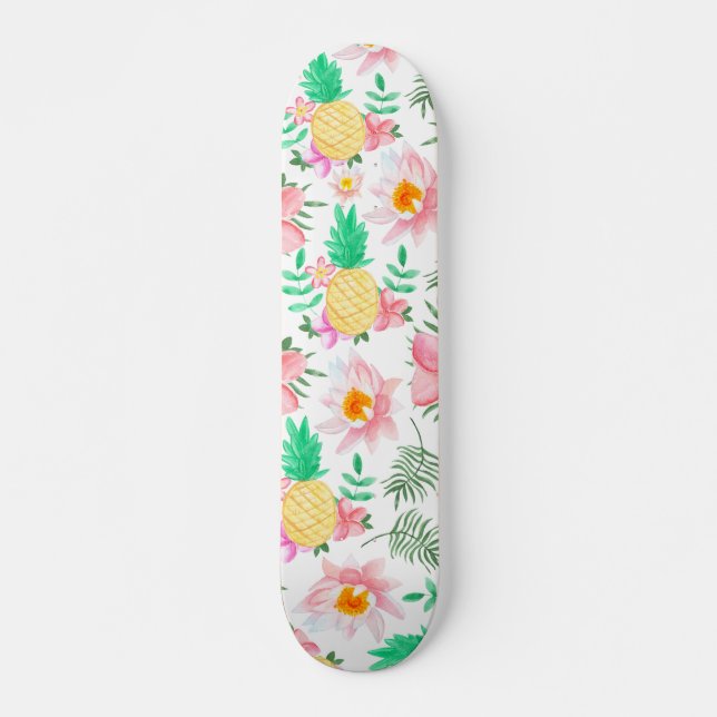 Modern summer pink yellow tropical floral pattern skateboard (Front)
