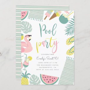 Modern Summer Pool Party Script Sweet 16 Birthday Invitation