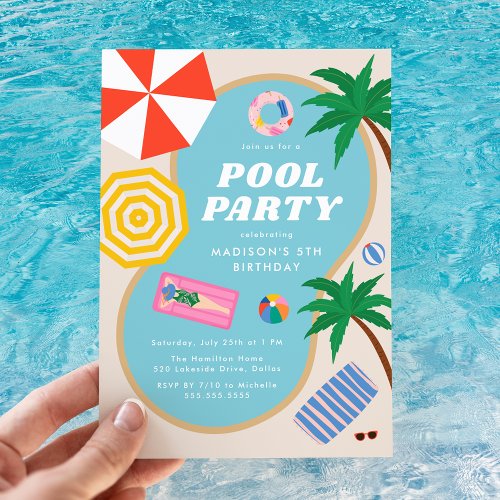 Modern Summer Pool Party Swimming Birthday Invitation