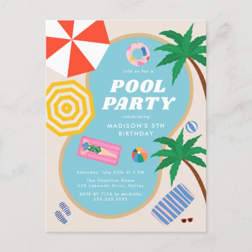 Modern Summer Pool Party Swimming Birthday Invitation Postcard