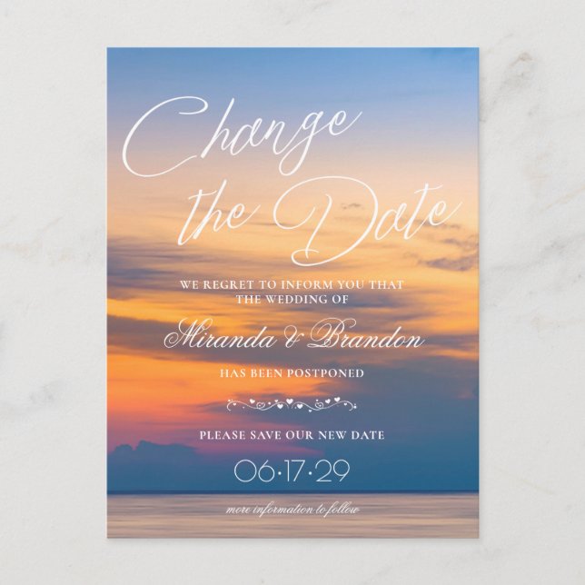 Modern Summer Sunset Change the Date Beach Wedding Announcement Postcard (Front)