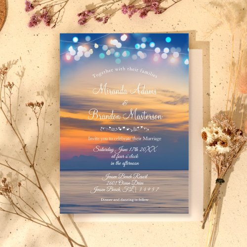 Modern Summer Sunset String Lights Beach Wedding Invitation