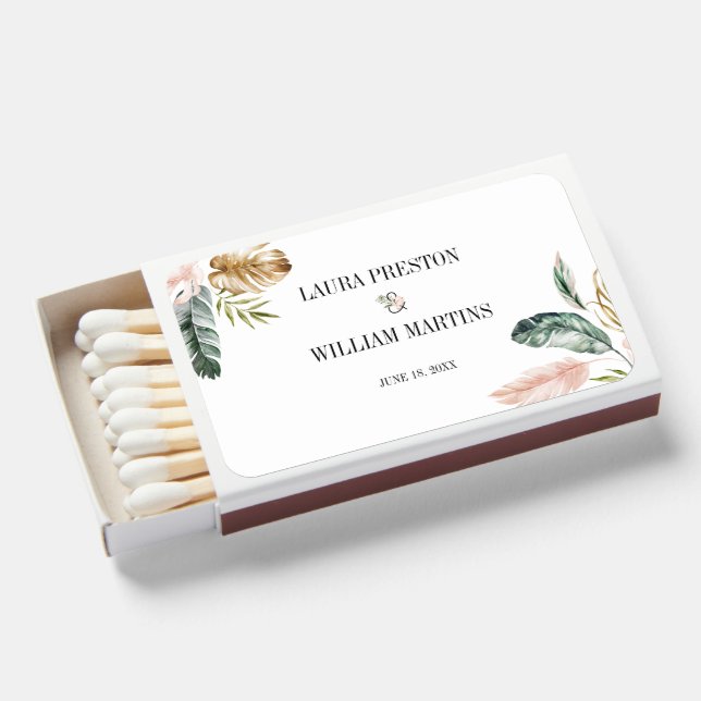 Modern Summer Tropical Leaves Personalized Wedding Matchboxes (Front Open)