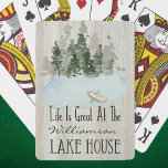 Modern Summer Vacation Lake House Family Poker Cards<br><div class="desc">Life is great at the lake fun summer time quote. White wood like background with water design of trees,  lake and boat. Monogram with your family name. Perfect way to play poker,  go fish or other card games.</div>