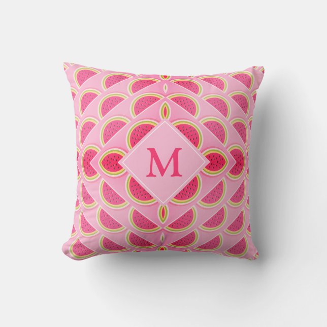 Modern Summer WATERMELON Hot Pink MONOGRAM Throw Pillow (Front)