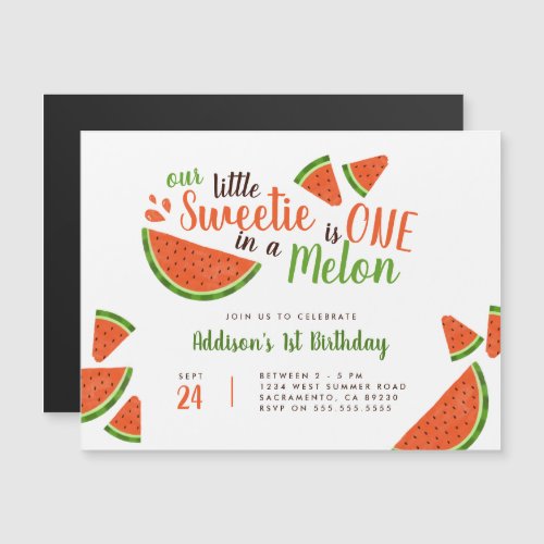 Modern Summer Watermelon One In A Melon Birthday Magnetic Invitation