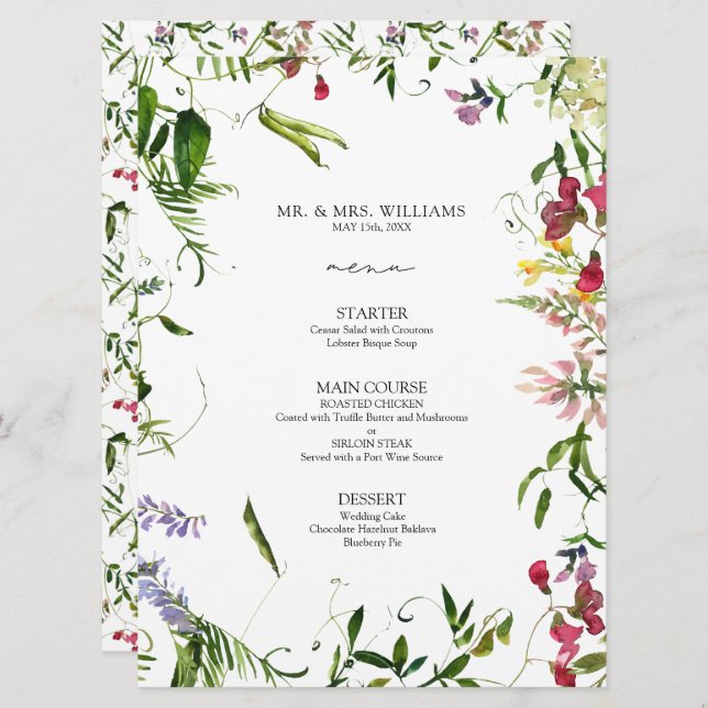 Modern Summer Wildflower Calligraphy Wedding Menu (Front/Back)