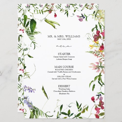 Modern Summer Wildflower Calligraphy Wedding Menu