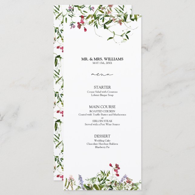 Modern Summer Wildflower Calligraphy Wedding Menu (Front/Back)