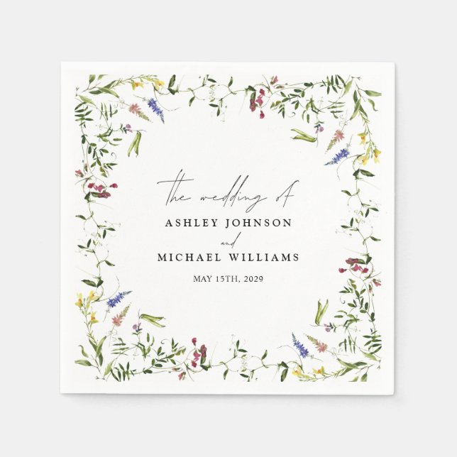 Modern Summer Wildflower Calligraphy Wedding Napkins (Front)