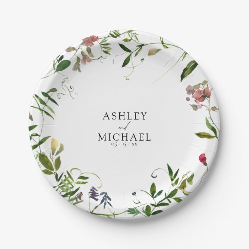 Modern Summer Wildflower Calligraphy Wedding Paper Plates