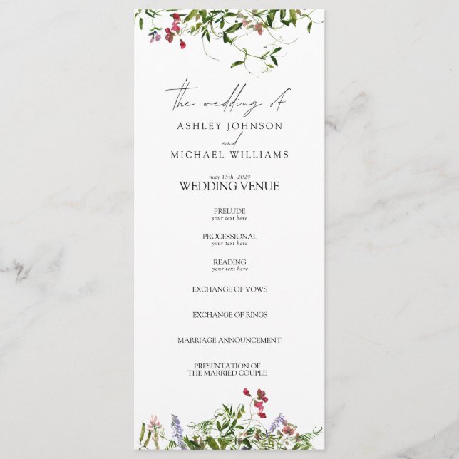 Modern Summer Wildflower Calligraphy Wedding Program (Front)