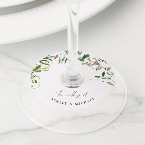 Modern Summer Wildflower Calligraphy Wedding Wine Glass Tag