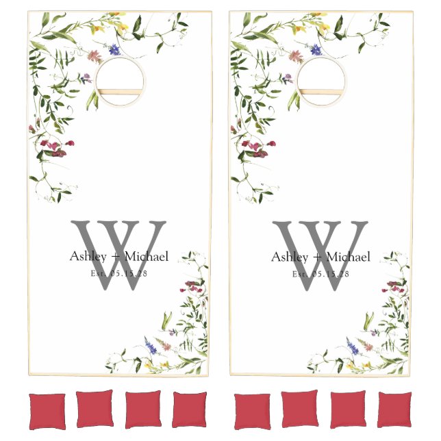 Modern Summer Wildflower Monogram Wedding Cornhole Set (Set)