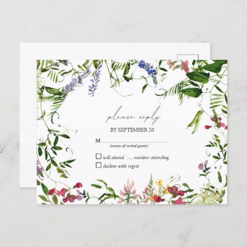 Modern Summer Wildflower Watercolor Wedding RSVP Invitation Postcard