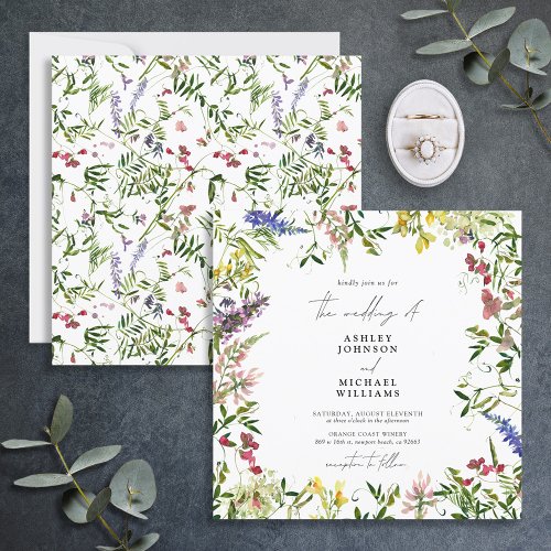 Modern Summer Wildflower Watercolor Wedding Square Invitation