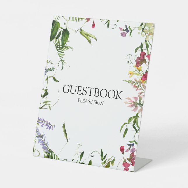 Modern Summer Wildflower Wedding Guestbook Pedestal Sign (Front)