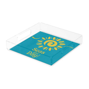 Modern Sun Blue Yellow Beach House Seas Day Quote Acrylic Tray