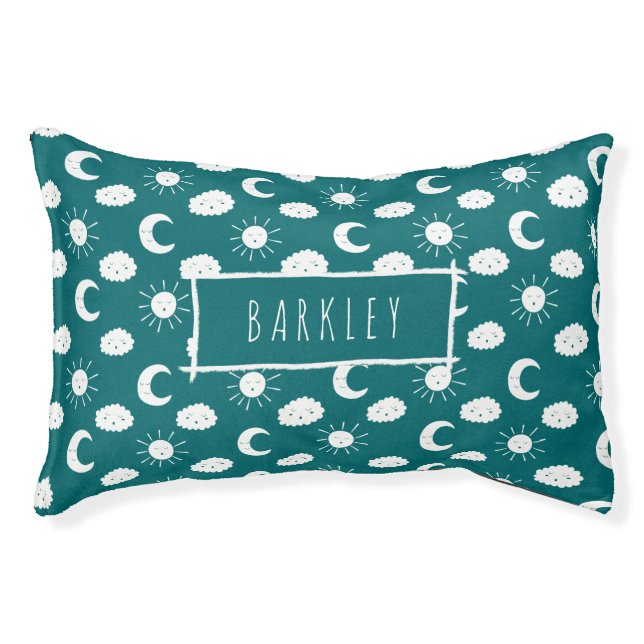 Modern Sun, Moon, and Clouds | Aqua | Personalized Pet Bed (Front)