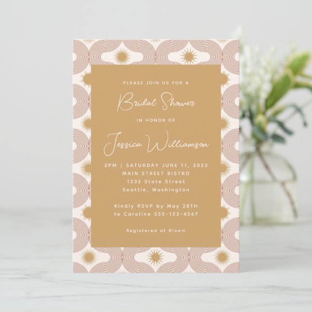 Modern Sun Moon Line Terracotta Gold Bridal Shower Invitation (Standing Front)