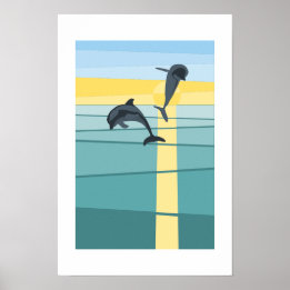 Modern Sun Sea Dolphin in Turquoise Yellow Art Poster