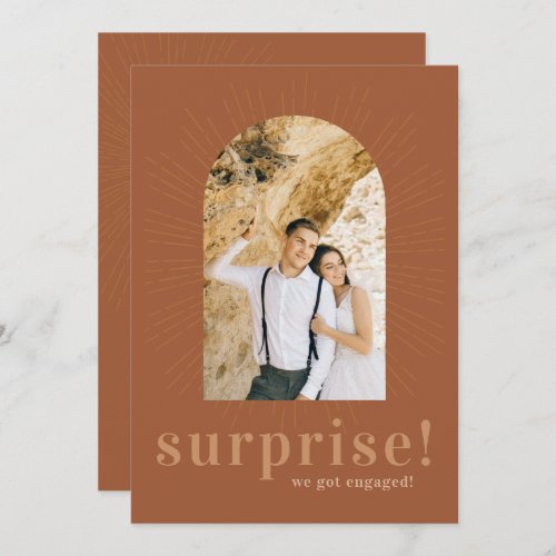 Modern Sunburst Arch  Surprise We Got Engaged  Thank You Card