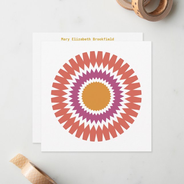 Modern Sunburst Flat Note Card in Red and Gold (Front/Back In Situ)