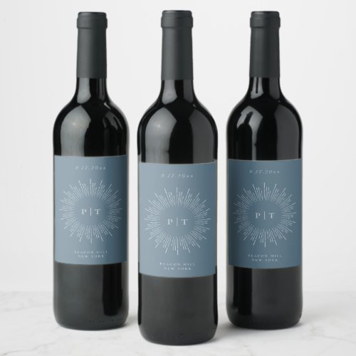 Modern Sunburst Frame Monogram Slate Blue Wine Label