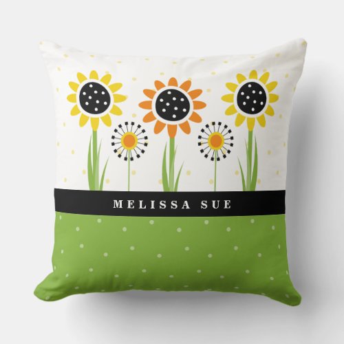 Modern Sunflower and Dandelion Green Monogram Throw Pillow