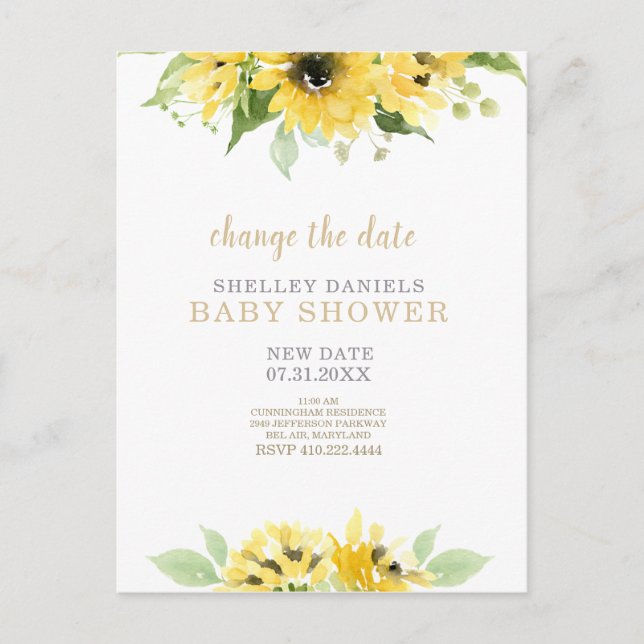 Modern Sunflower Baby Shower Change the Date Announcement Postcard (Front)