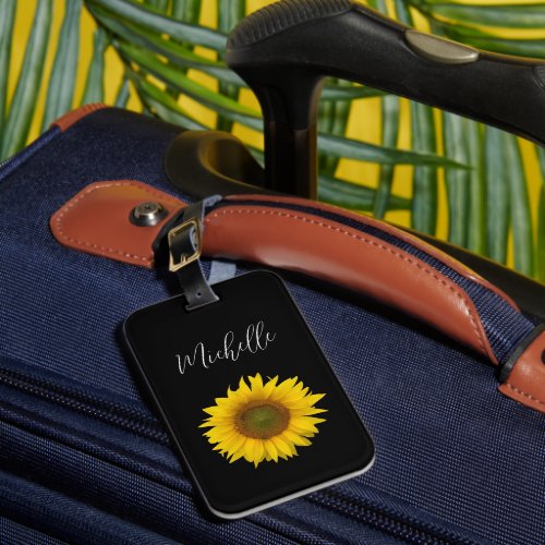 Modern Sunflower Black White Elegant Script  Luggage Tag
