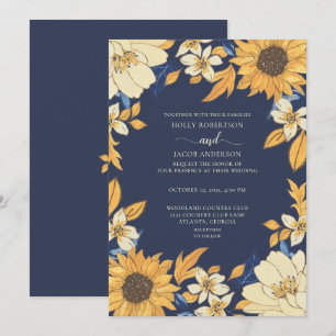 Modern Sunflower Blue Yellow Cream Floral Wedding Invitation
