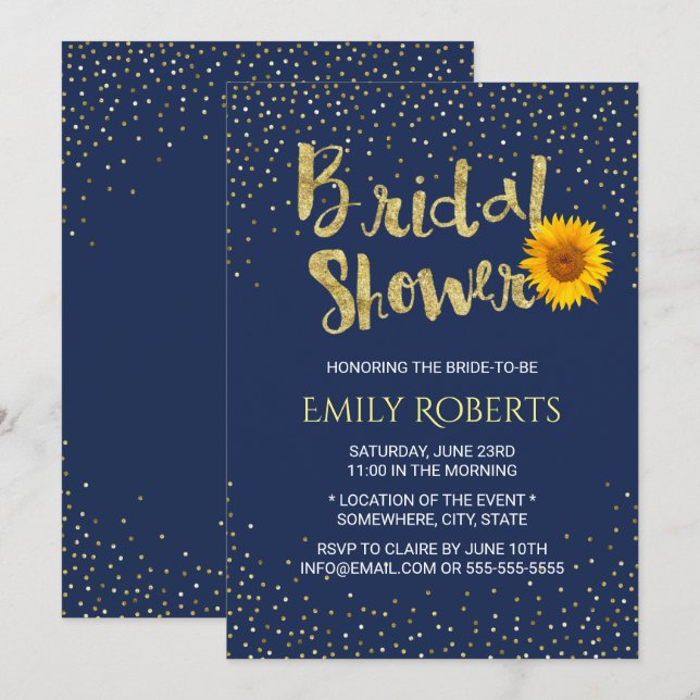 Modern Sunflower Bridal Shower Navy Blue Invitation (Front/Back)