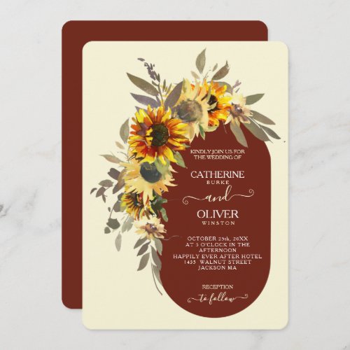 Modern Sunflower Brown Yellow Cream Fall Wedding Invitation
