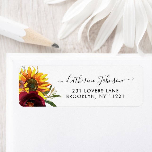 Modern Sunflower Burgundy Rose Floral Watercolor Label (Insitu)