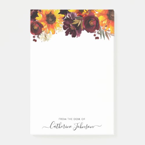 Modern Sunflower Burgundy Rose Floral Watercolor Post_it Notes