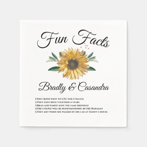 Modern Sunflower Chic Typography Wedding Fun Fact Napkins