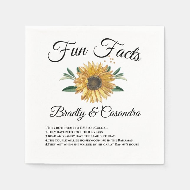 Modern Sunflower Chic Typography Wedding Fun Fact Napkins (Front)