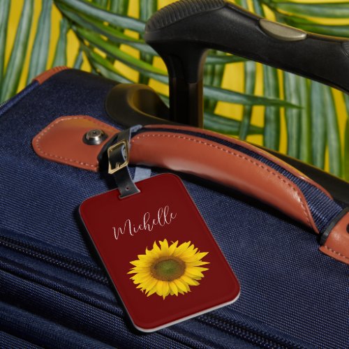 Modern Sunflower Elegant Script Red Luggage Tag