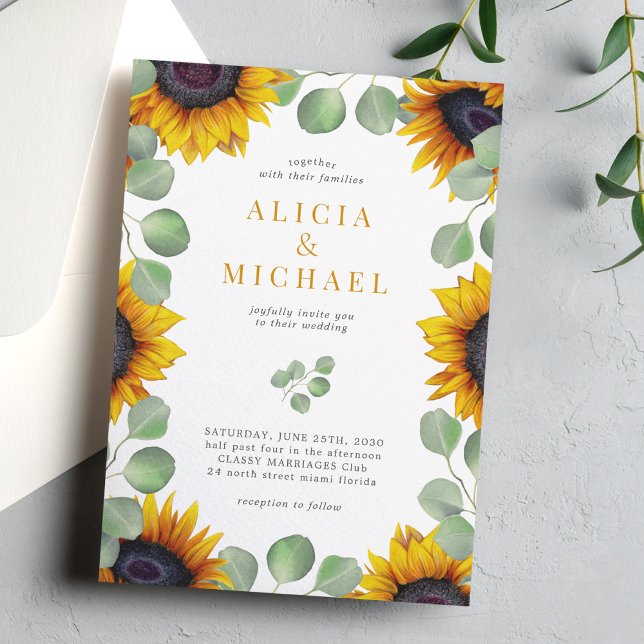 Modern sunflower eucalyptus greenery wedding  invitation (Creator Uploaded)