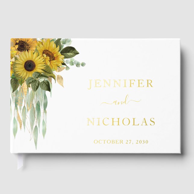 Modern Sunflower Eucalyptus Wedding Gold Foil Guest Book (Front)