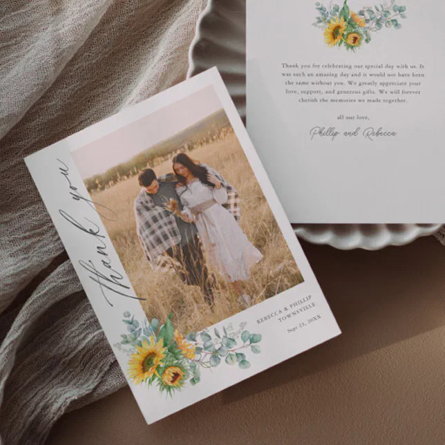 Modern Sunflower Eucalyptus Wedding Photo Thank You Card | Zazzle