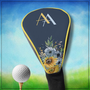 Modern Sunflower Floral Custom Monogram  Golf Head Cover
