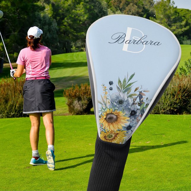 Modern Sunflower Floral Custom Monogram Name Golf Head Cover (Creator Uploaded)