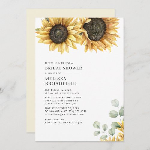 Modern Sunflower Floral Eucalyptus Bridal Shower Invitation