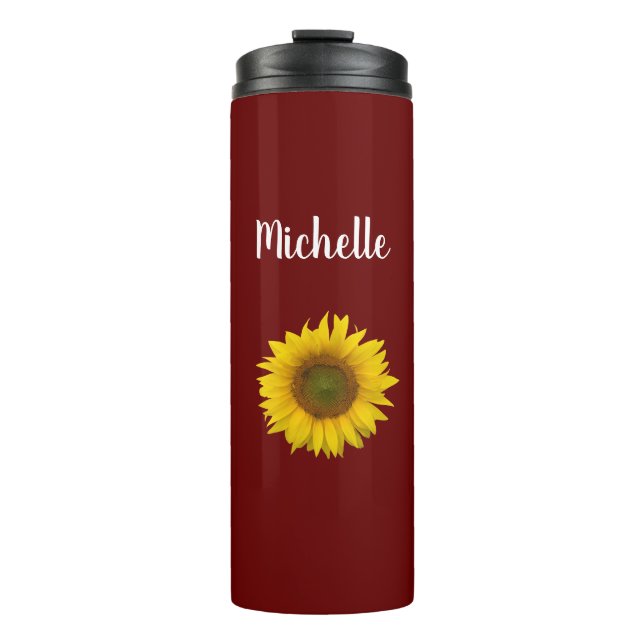 Modern Sunflower Floral Personalized Red Thermal Tumbler (Front)